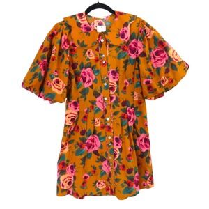 NWT Olivaceous PLEATED PUFF SLEEVE DRESS Mustard/Pink Floral SCALLOP COLLAR sz M